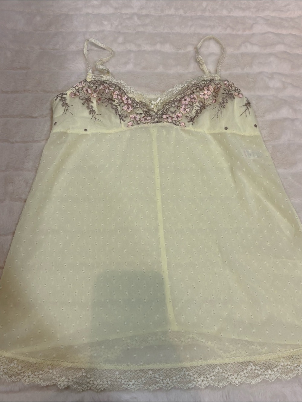 Vintage Pale Yellow Chemise with Pink Floral Embroidery